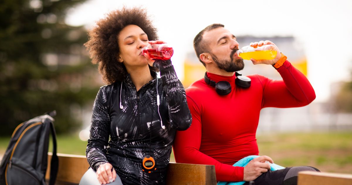 Couple drinking energy drinks