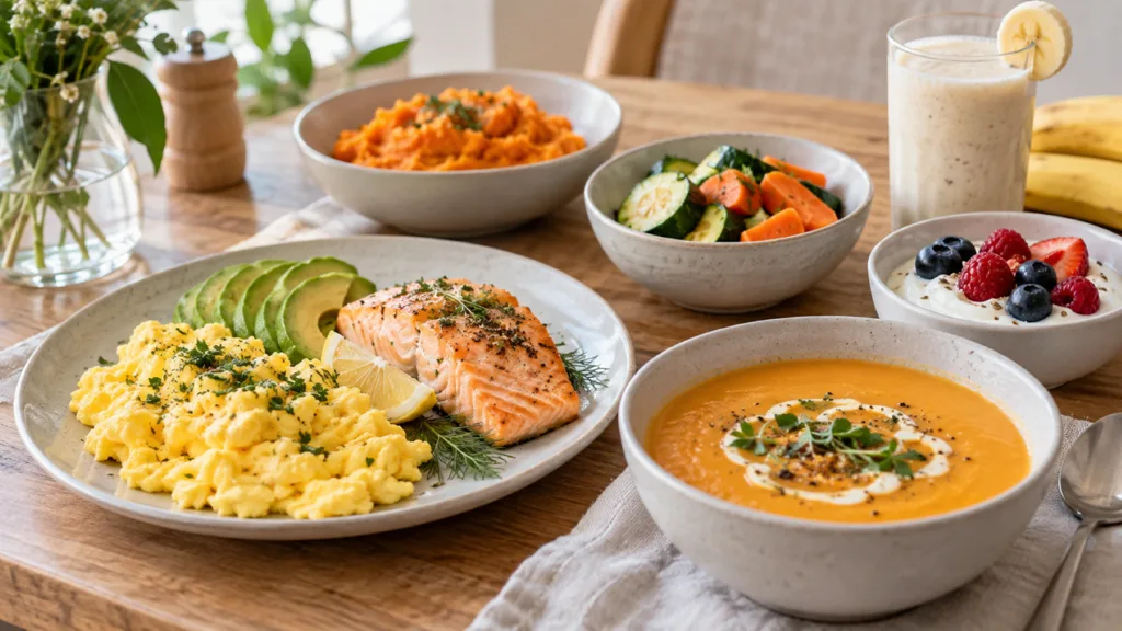 TMJ-friendly soft foods including salmon, scrambled eggs, pumpkin soup, steamed vegetables, yoghurt with berries and a smoothie