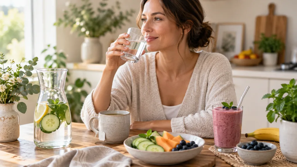 Woman drinking a glass of water beside infused water, herbal tea and a berry smoothie for TMJ hydration