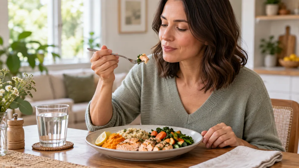 Woman eating small forkfuls of soft salmon and vegetables slowly to reduce jaw stress with TMJ