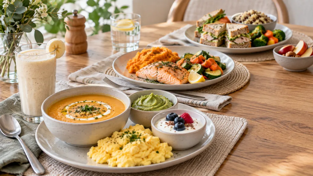 Phase-based TMJ meal plan spread with smoothie, pumpkin soup, scrambled eggs, salmon, soft vegetables and yoghurt